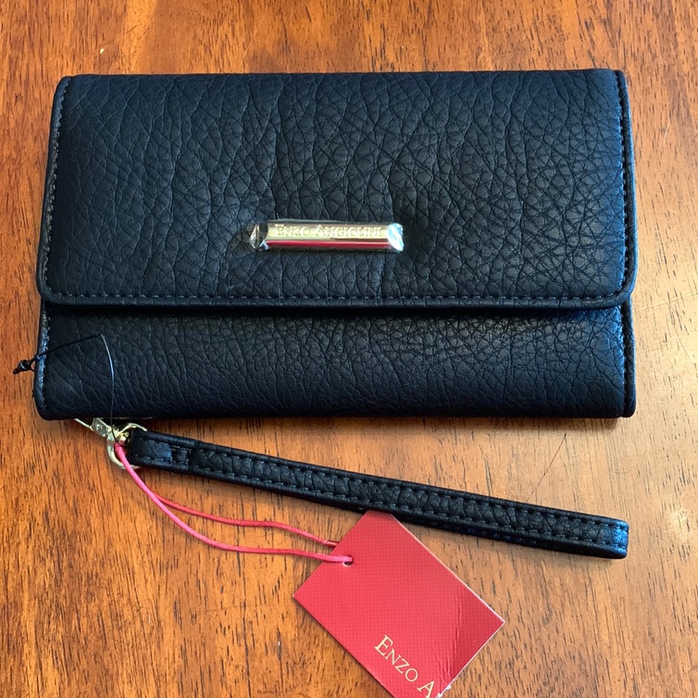 New black wallet with a strap.